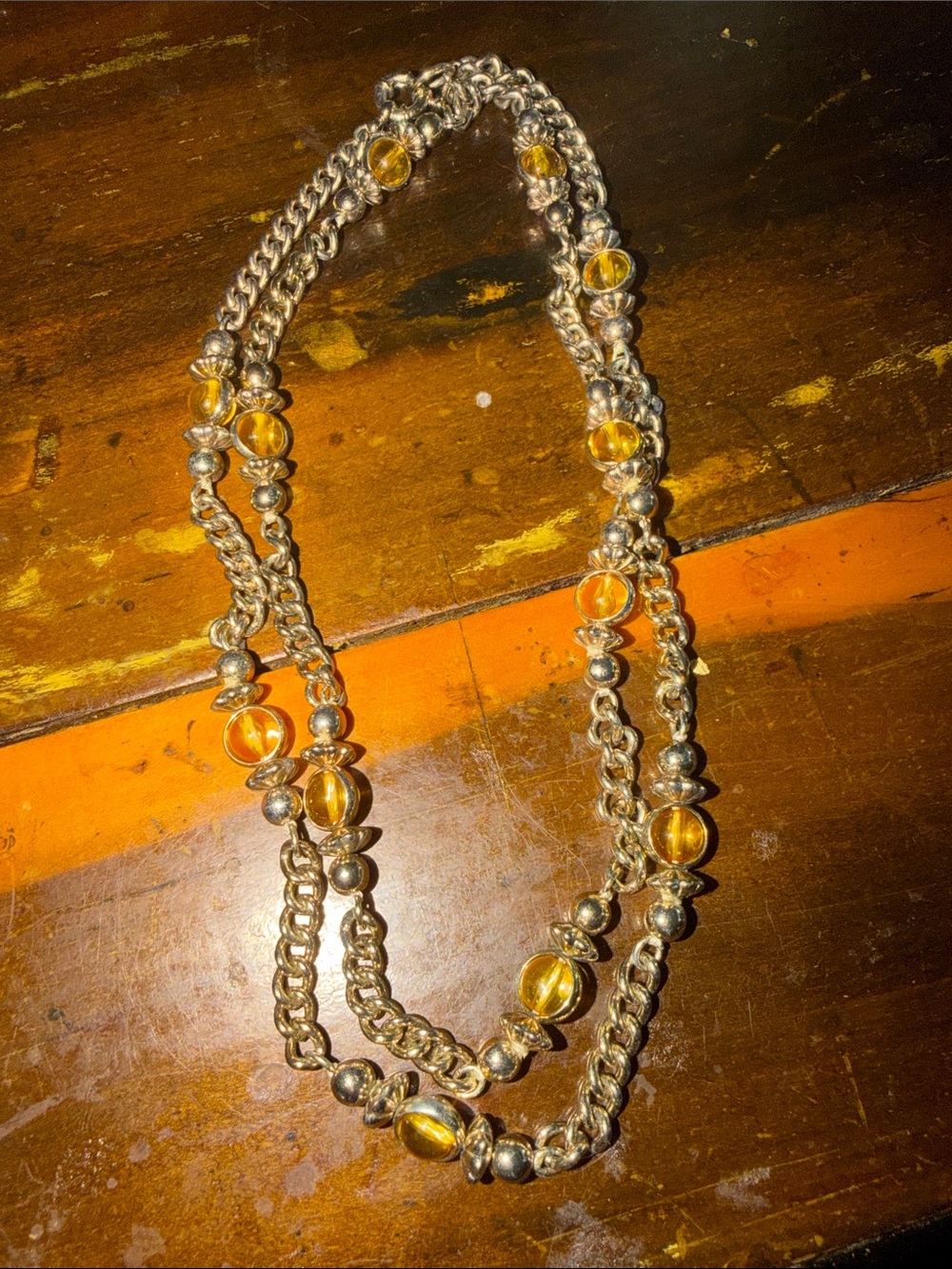 Double Strand gold-Tone Necklace with Amber Beads